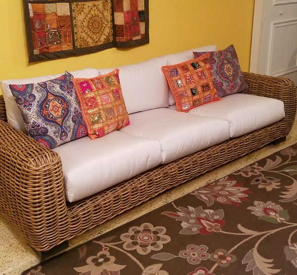 Open Box New Eldridge Wicker 87 Patio Sofa With Sunbrella Cushions Brown White Smith Hawken For In Boca Raton Fl Offerup