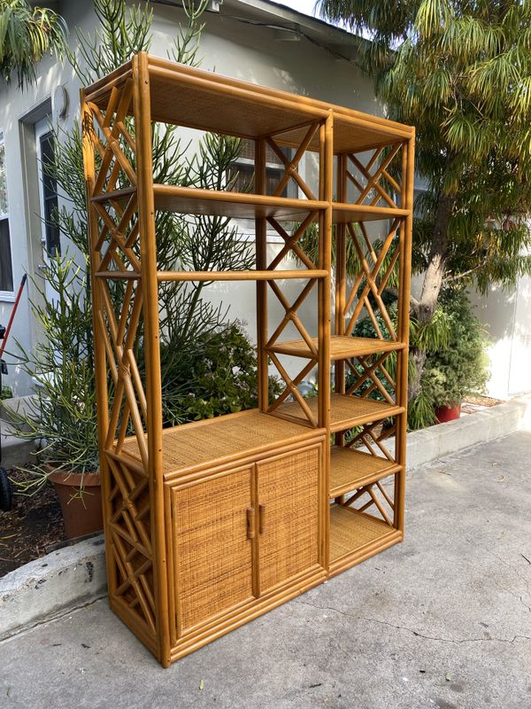 Vintage Boho Rattan Bamboo Wicker Shelf Etagere Shelving Unit Display