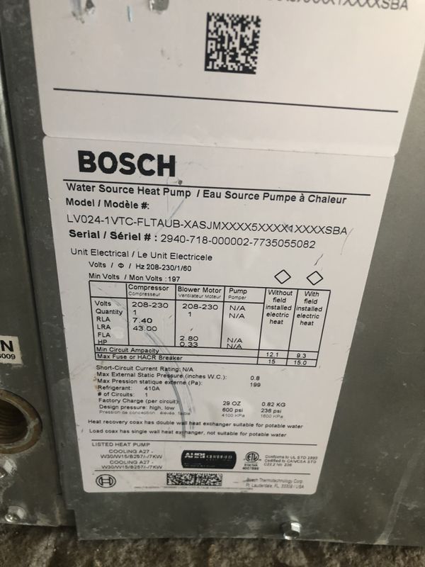 Bosch/FHP 2 Ton Water Source Heat Pump Air Conditioner 2018 for Sale in