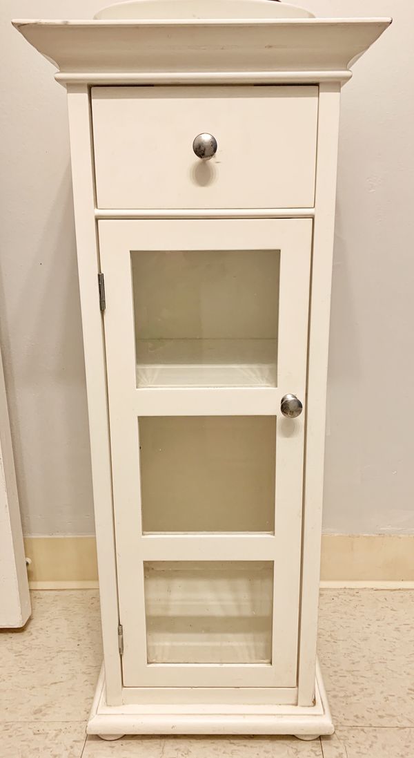 White Wood Bathroom Storage Stand-alone with Glass Cabinet ...