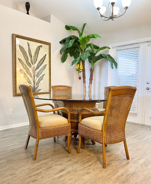 Tommy Bahama style bamboo rattan glass top dining set Table; 60