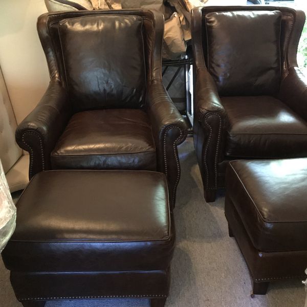 Pair of two fabulous nail head leather chairs with ottomans for Sale in Olympia, WA OfferUp