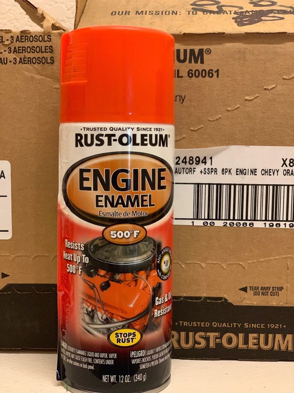 RustOleum new spray paint for Engine Enamel. Only 5.00 dls per can for