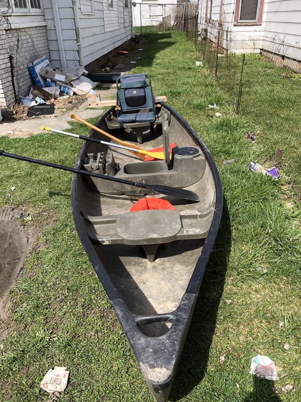 14’ old town sportsman canoe with custom motor mount and accessories