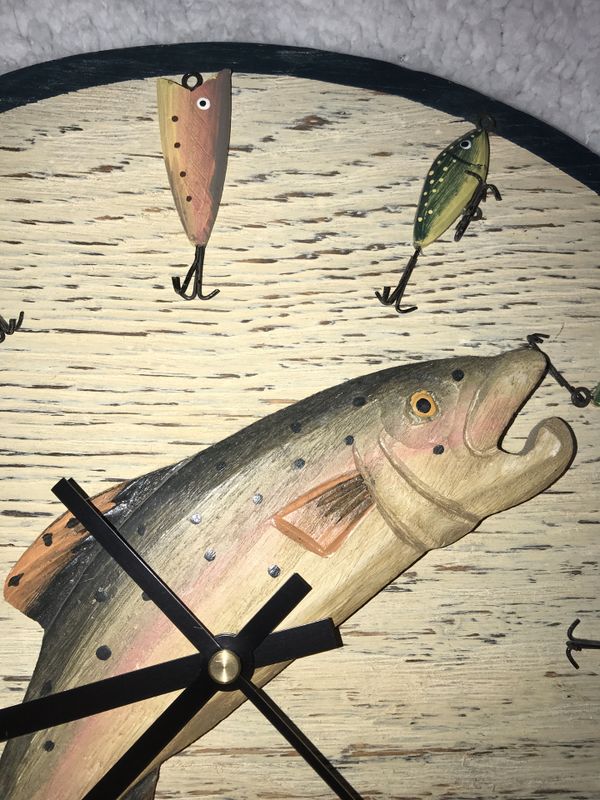 Wooden Fishing Clock Lure Trout Tackle Wall Hanging Cabin Lodge Decor