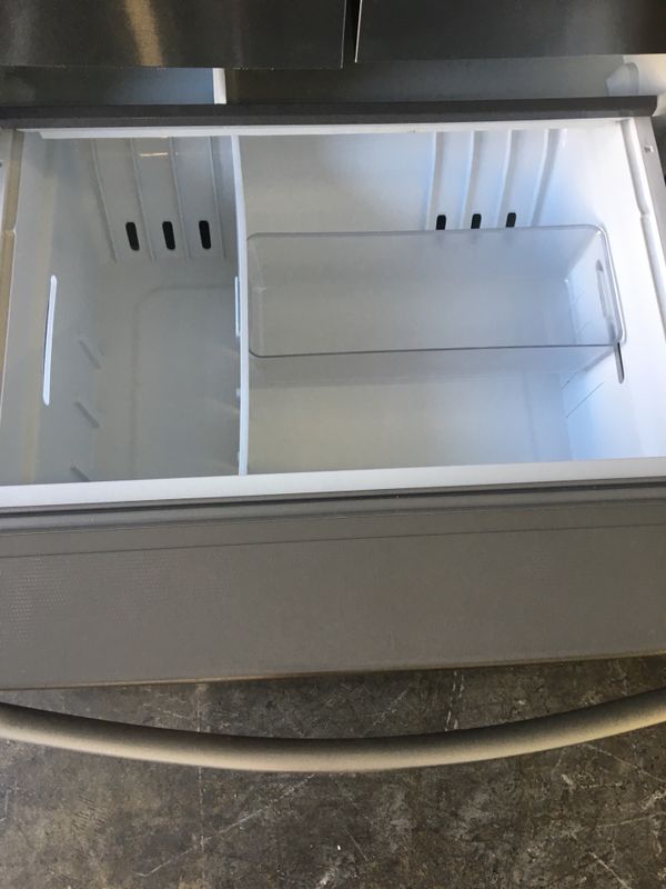 whirlpool stainless steel 3 door fridge within ice maker outside