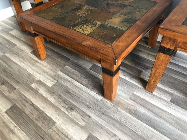 28x24 & 40x40 Solid Wood Slate Tile Top Coffee Cocktail Table & 2 ...