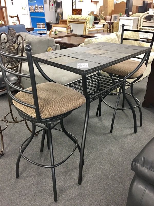 Patio Slate Tile Top Bar Table And Two Matching Bar Stools For