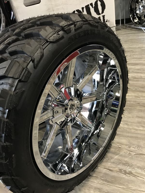 Wheel and tire package for sale, chrome 22x12 6 lug and 33x12.50x22s