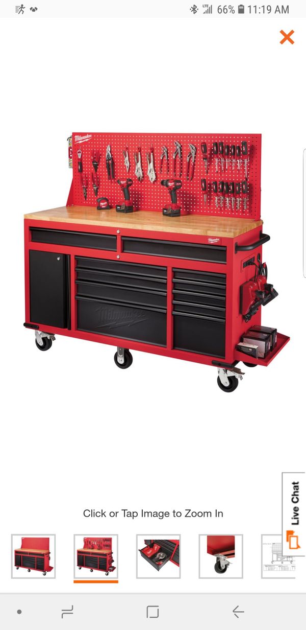 Milwaukee 61" Mobile Workstation with solid wood top, Pegboard, multiple drawers, A/C plug