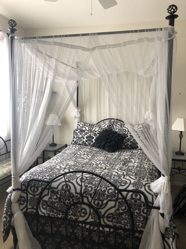 Black wrought iron canopy bed FRAME with netting AND ...