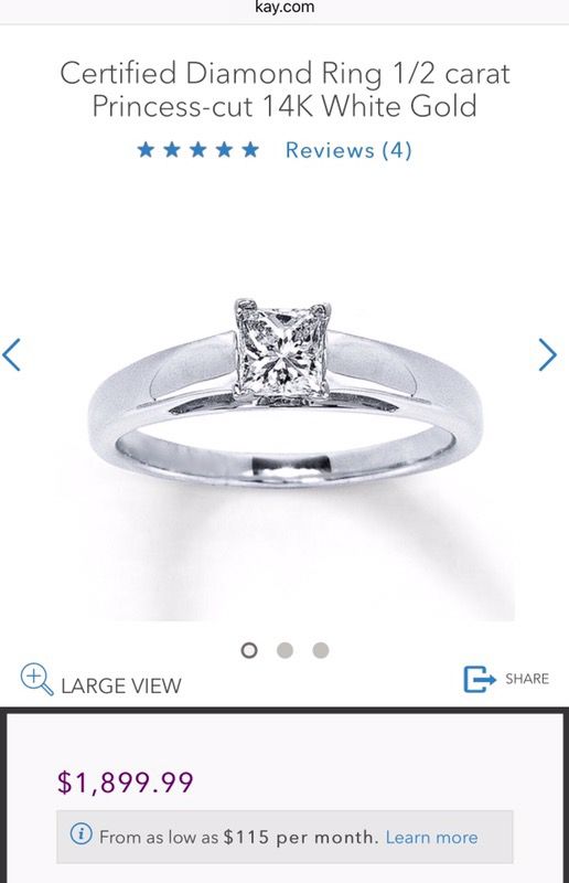 Kay Jewelers Princess Cut 1/2 Carat 14K White Gold Engagement Ring Sz 5 ...