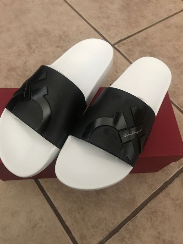 white ferragamo slides